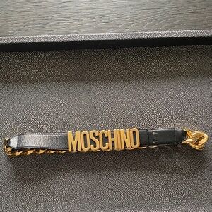Moschino Black Leather Belt Strap with Gold Logo Chain
